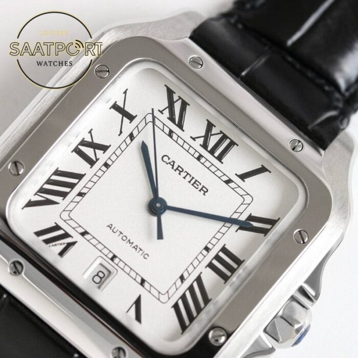 Cartier Santos WSSA0018 Beyaz Roman Kadran Siyah Deri 40mm 1847 MC Super Clone ETA