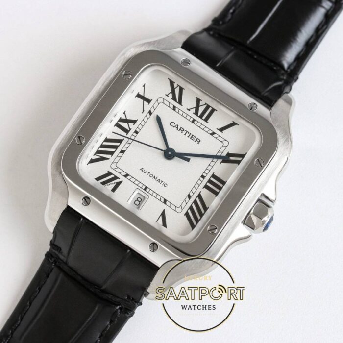 Cartier Santos WSSA0018 Beyaz Roman Kadran Siyah Deri 40mm 1847 MC Super Clone ETA