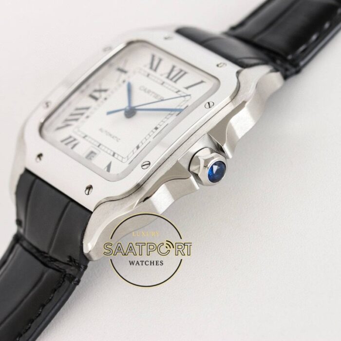 Cartier Santos WSSA0018 Beyaz Roman Kadran Siyah Deri 40mm 1847 MC Super Clone ETA