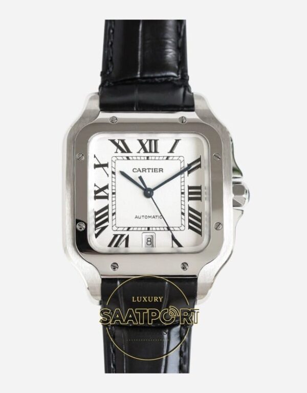 Cartier Santos WSSA0018 Beyaz Roman Kadran Siyah Deri 40mm 1847 MC Super Clone ETA