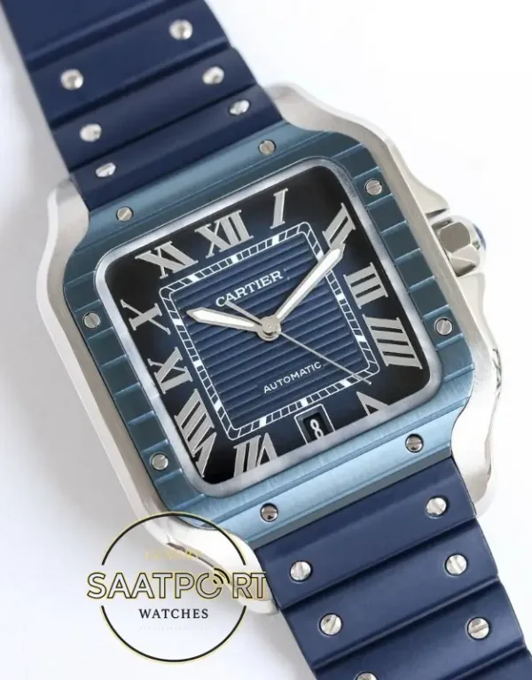 Cartier Santos WSSA0048 Roman Mavi Kadran Kauçuk Kordon 1847 MC Super Clone ETA