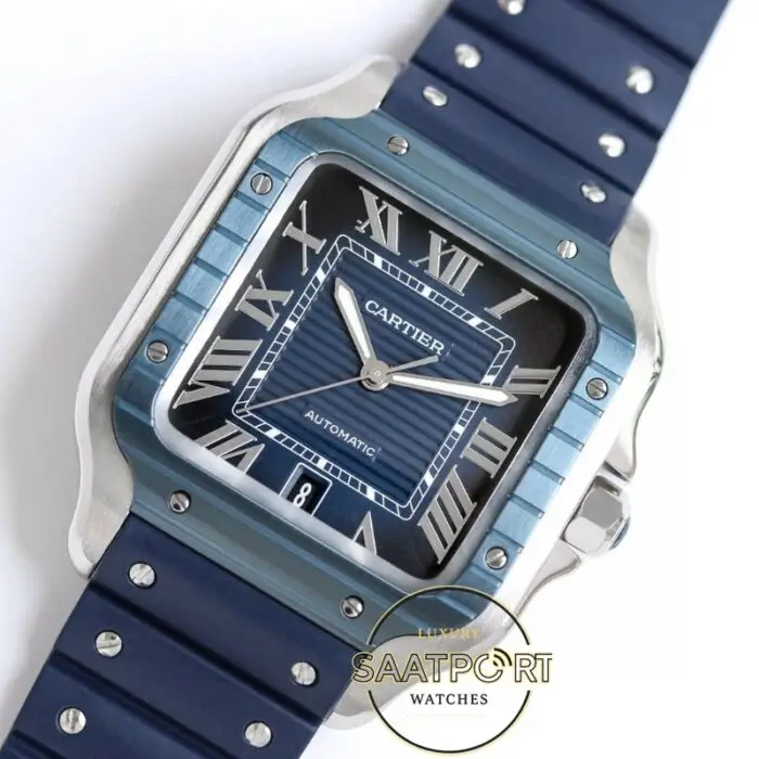 Cartier Santos WSSA0048 Roman Mavi Kadran Kauçuk Kordon 1847 MC Super Clone ETA