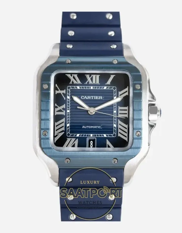Cartier Santos WSSA0048 Roman Mavi Kadran Kauçuk Kordon 1847 MC Super Clone ETA