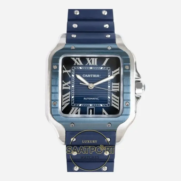 Cartier Santos WSSA0048 Roman Mavi Kadran Kauçuk Kordon 1847 MC Super Clone ETA