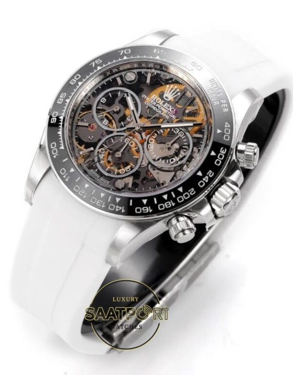 Rolex Daytona Juan Pablo Montoya İskelet Kadran Beyaz Kauçuk 4130 Super Clone ETA