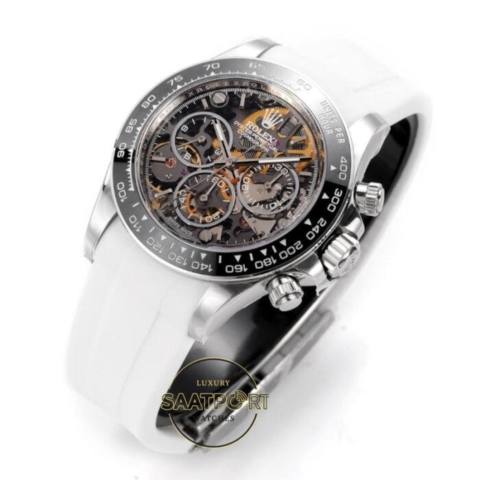 Rolex Daytona Juan Pablo Montoya İskelet Kadran Beyaz Kauçuk 4130 Super Clone ETA