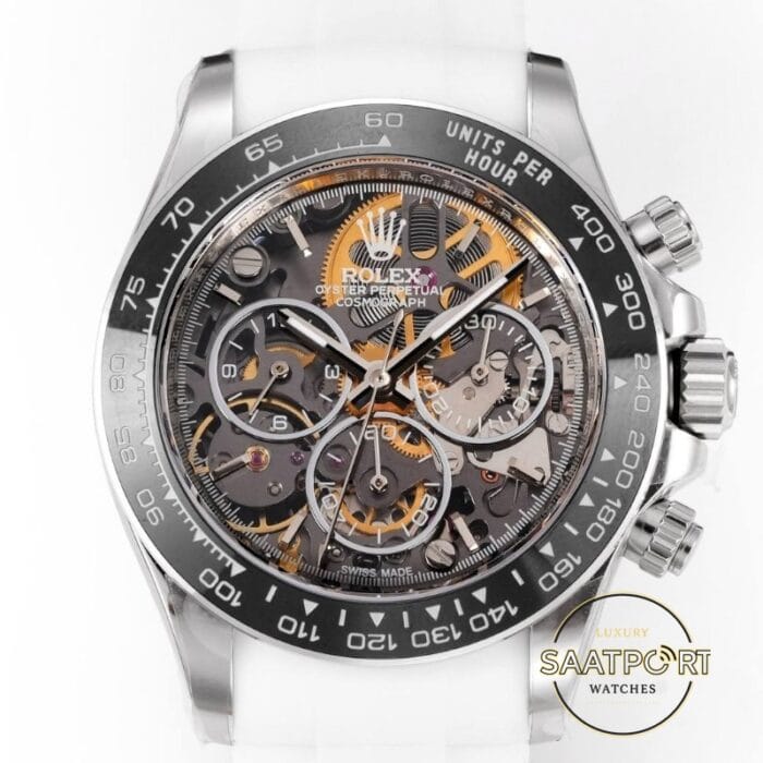 Rolex Daytona Juan Pablo Montoya İskelet Kadran Beyaz Kauçuk 4130 Super Clone ETA