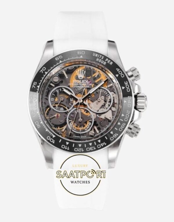 Rolex Daytona Juan Pablo Montoya İskelet Kadran Beyaz Kauçuk 4130 Super Clone ETA