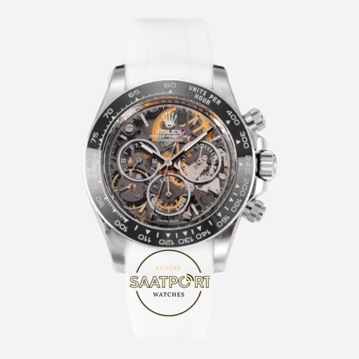 Rolex Daytona Juan Pablo Montoya İskelet Kadran Beyaz Kauçuk 4130 Super Clone ETA