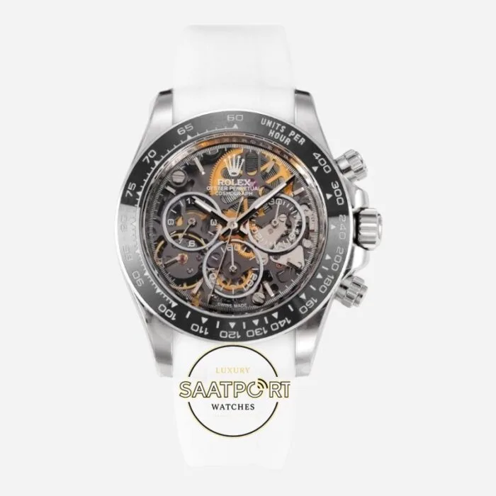 Rolex Daytona Juan Pablo Montoya İskelet Kadran Beyaz Kauçuk 4130 Super Clone ETA