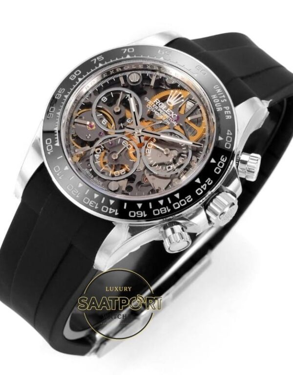 Rolex Daytona Juan Pablo Montoya İskelet Kadran Siyah Kauçuk 4130 Super Clone ETA