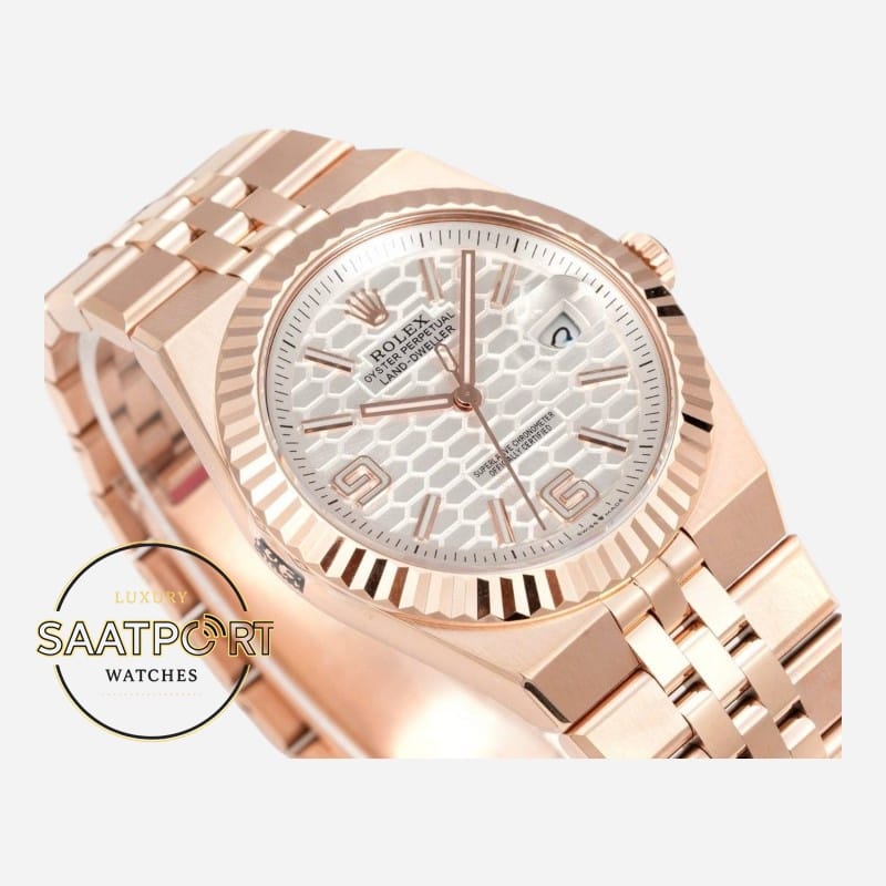 Rolex 127335 Land Dweller 40 mm Beyaz Petek Kadran 904L Everose 7135 Super Clone ETA