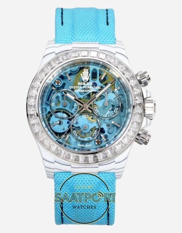 Rolex Daytona Buz Mavisi İskelet Kadran Taşlı Bezel Karbon 4130 Super Clone ETA