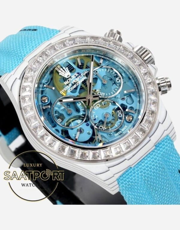Rolex Daytona Buz Mavisi İskelet Kadran Taşlı Bezel Karbon 4130 Super Clone ETA