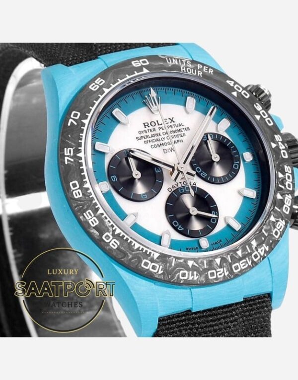 Rolex Daytona Turkuaz Beyaz Kadran 40mm Karbon Kasa 4130 Super Clone ETA