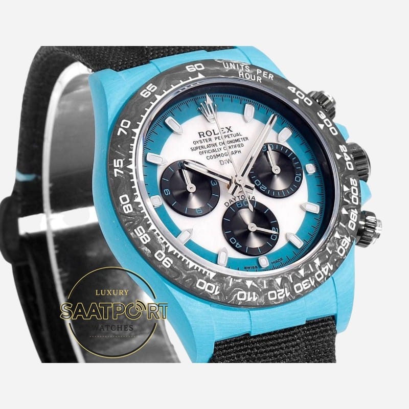 Rolex Daytona Turkuaz Beyaz Kadran 40mm Karbon Kasa 4130 Super Clone ETA
