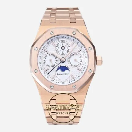 Audemars Piguet 26574OR Royal Oak Perpetual Calendar Full Rose 41mm Gümüş Kadran 5134 Super Clone ETA
