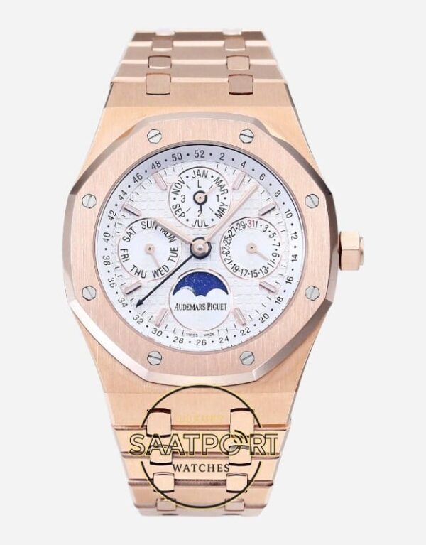 Audemars Piguet 26574OR Royal Oak Perpetual Calendar Full Rose 41mm Gümüş Kadran 5134 Super Clone ETA