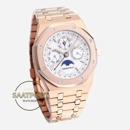 Audemars Piguet 26574OR Royal Oak Perpetual Calendar Full Rose 41mm Gümüş Kadran 5134 Super Clone ETA