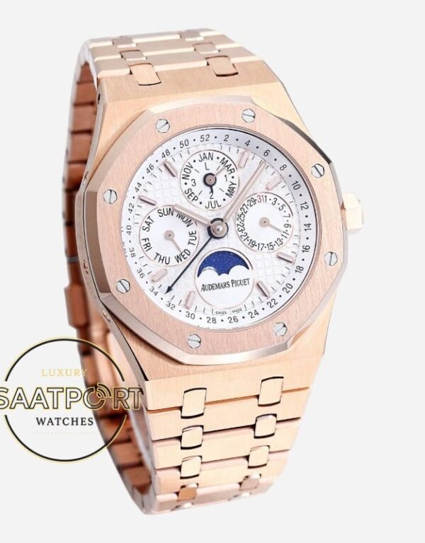 Audemars Piguet 26574OR Royal Oak Perpetual Calendar Full Rose 41mm Gümüş Kadran 5134 Super Clone ETA