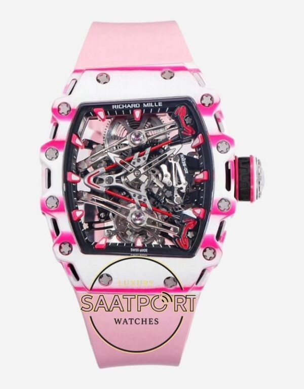 Richard Mille RM38-02 Bubba Watson Beyaz Pembe Karbon Kasa Kauçuk Kordon Tourbillon Super Clone ETA
