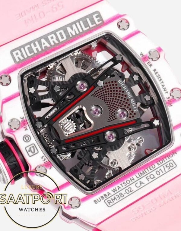 Richard Mille RM38-02 Bubba Watson Beyaz Pembe Karbon Kasa Kauçuk Kordon Tourbillon Super Clone ETA