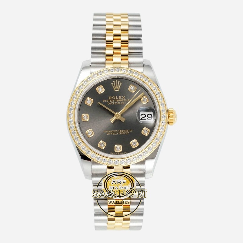 Rolex Datejust 31mm ARF 278273 Taşlı Koyu Gri Kadran Jubilee Kordon 2688 Super Clone ETA