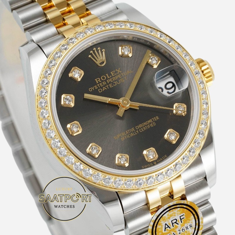 Rolex Datejust 31mm ARF 278273 Taşlı Koyu Gri Kadran Jubilee Kordon 2688 Super Clone ETA