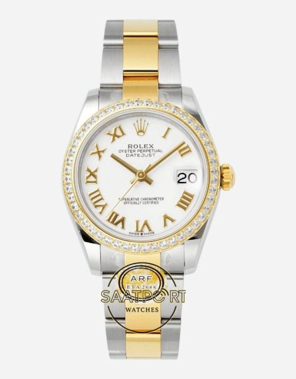 Rolex Datejust 31mm ARF 278383RBR Taşlı Bezel Roma Rakamlı Beyaz Kadran 2688 Super Clone ETA