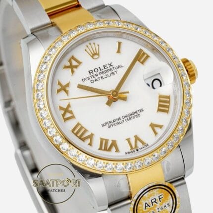 Rolex Datejust 31mm ARF 278383RBR Taşlı Bezel Roma Rakamlı Beyaz Kadran 2688 Super Clone ETA