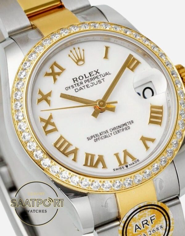 Rolex Datejust 31mm ARF 278383RBR Taşlı Bezel Roma Rakamlı Beyaz Kadran 2688 Super Clone ETA