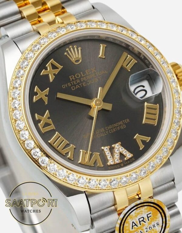 Rolex Datejust 31mm Taşlı Bezel ARF 278381RBR Roma Rakamlı Kadran Jubilee 2688 Super Clone ETA