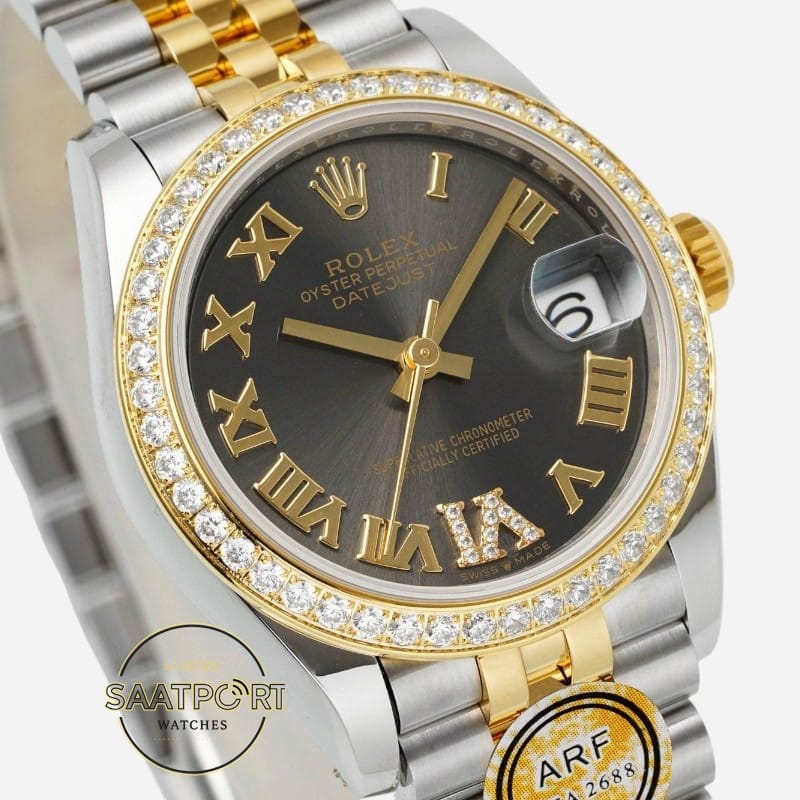 Rolex Datejust 31mm Taşlı Bezel ARF 278381RBR Roma Rakamlı Kadran Jubilee 2688 Super Clone ETA