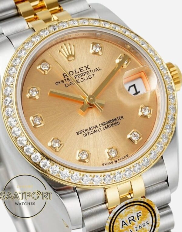 Rolex Datejust 31mm Taşlı Bezel ARF 278383RBR Taşlı Gold Kadran Jubilee 2688 Super Clone ETA