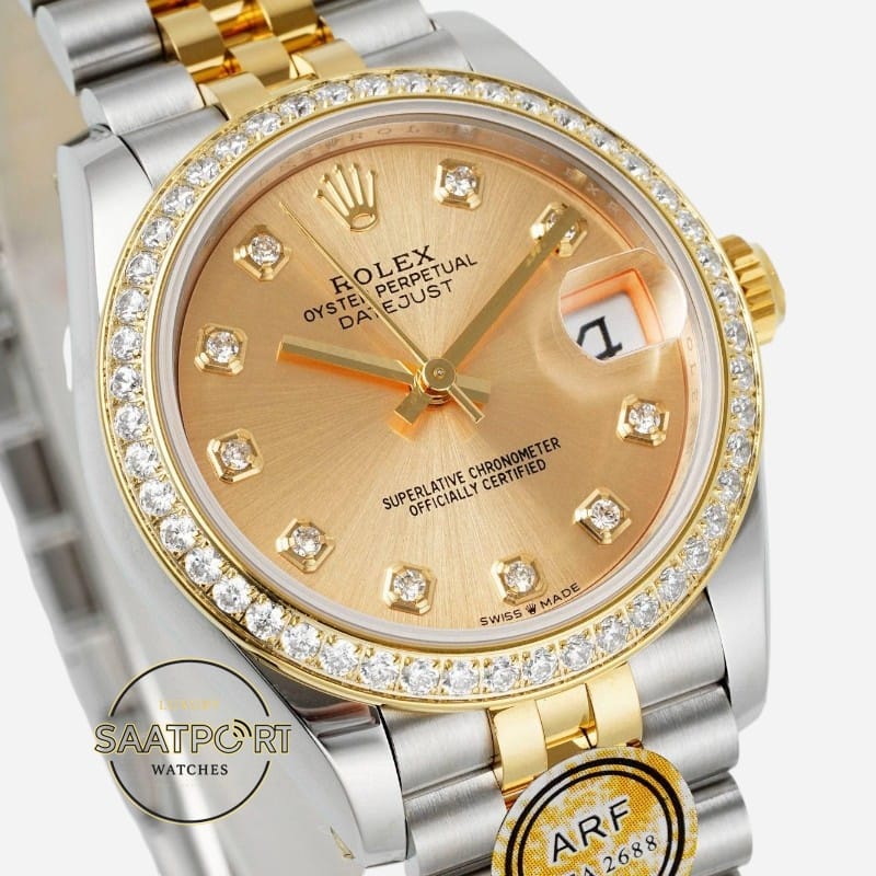Rolex Datejust 31mm Taşlı Bezel ARF 278383RBR Taşlı Gold Kadran Jubilee 2688 Super Clone ETA