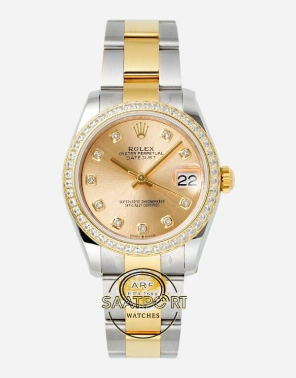 Rolex Datejust 31mm Taşlı Bezel ARF 278383RBR Taşlı Şampanya Kadran Oyster 2688 Super Clone ETA