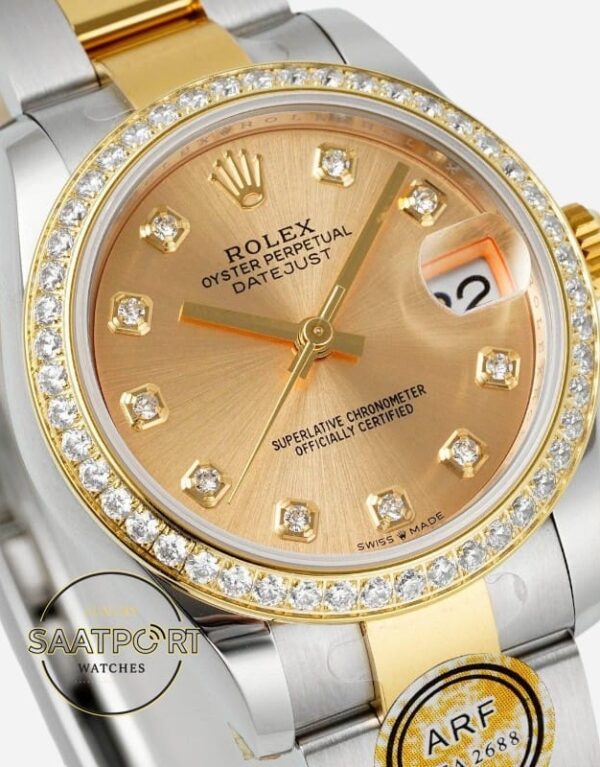 Rolex Datejust 31mm Taşlı Bezel ARF 278383RBR Taşlı Şampanya Kadran Oyster 2688 Super Clone ETA