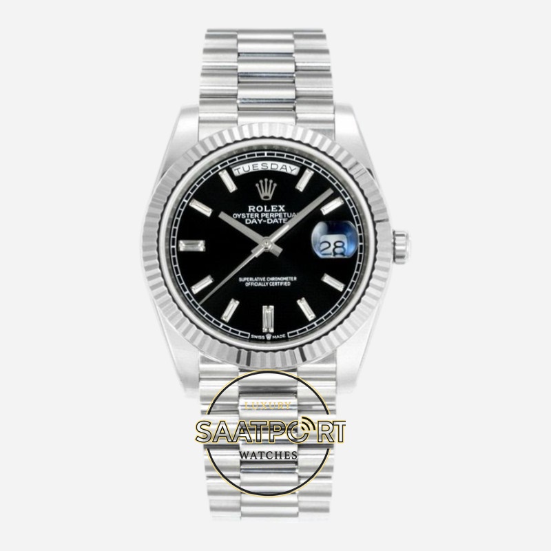 Rolex Day Date 228236 Parlak Siyah Kadran 40mm 904L Çelik Super Clone ETA (1) Şık Rolex saat, siyah kadran.