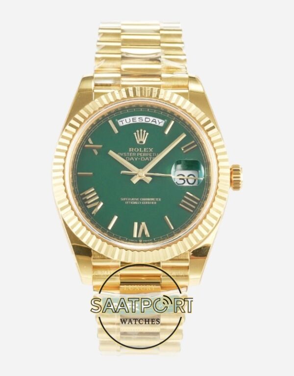 Rolex Day Date 228238 Roma Rakamlı Yeşil Kadran 40mm Full Gold 904L Çelik Super Clone ETA