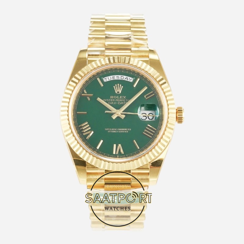 Rolex Day Date 228238 Roma Rakamlı Yeşil Kadran 40mm Full Gold 904L Çelik Super Clone ETA (1) Rolex Day Date 228238 Roma Rakamlı Yeşil Kadran 40mm Full Gold 904L Çelik Super Clone ETA
