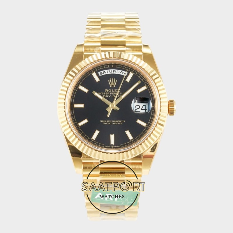 Rolex Day Date 228238 Siyah Oniks Kadran 40mm Full Gold 904L Çelik Super Clone ETA (1) Rolex Day Date 228238 Siyah Oniks Kadran 40mm Full Gold 904L Çelik Super Clone ETA