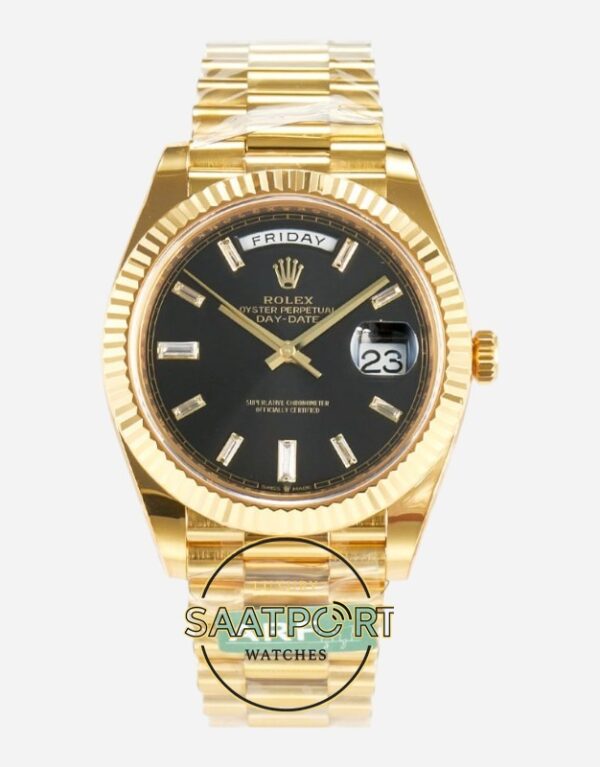 Rolex Day Date 228238 Taşlı Siyah Kadran 40mm Full Gold 904L Çelik Super Clone ETA