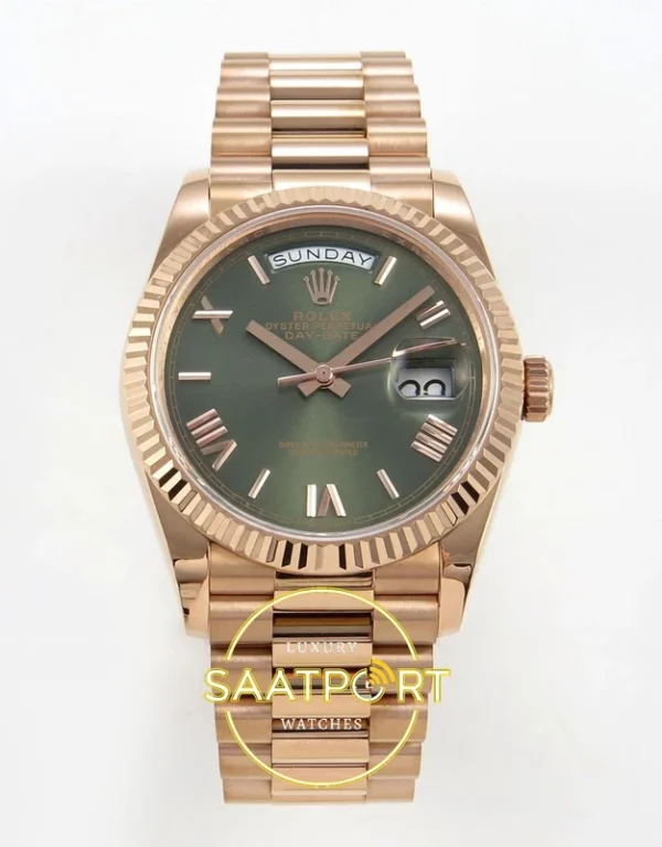 Rolex Day Date 128235 Yeşil Roma Rakamlı Kadran 36mm QF Eta Saat karşıdan görünüm