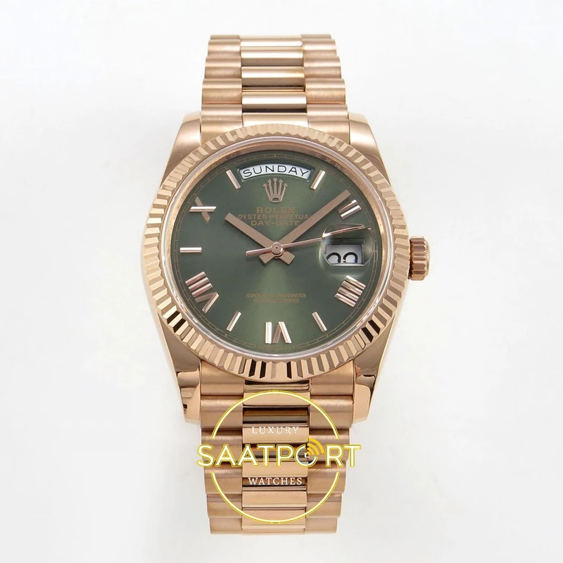 01-1 Rolex Day Date 128235 Yeşil Roma Rakamlı Kadran 36mm QF Eta Saat karşıdan görünüm