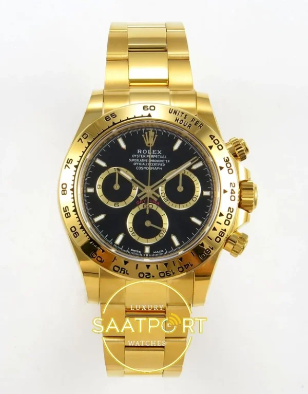 Rolex Daytona 40mm 126508 Black Yellow Gold BTF Factory Eta Saat karşıdan görünüm