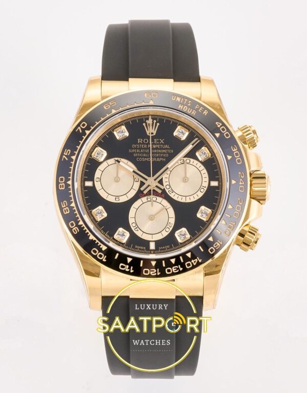 Rolex Daytona 40mm 126518 Black Yellow Gold Diamonds Oysterflex ARF Factory Eta Saat karşıdan görünüm