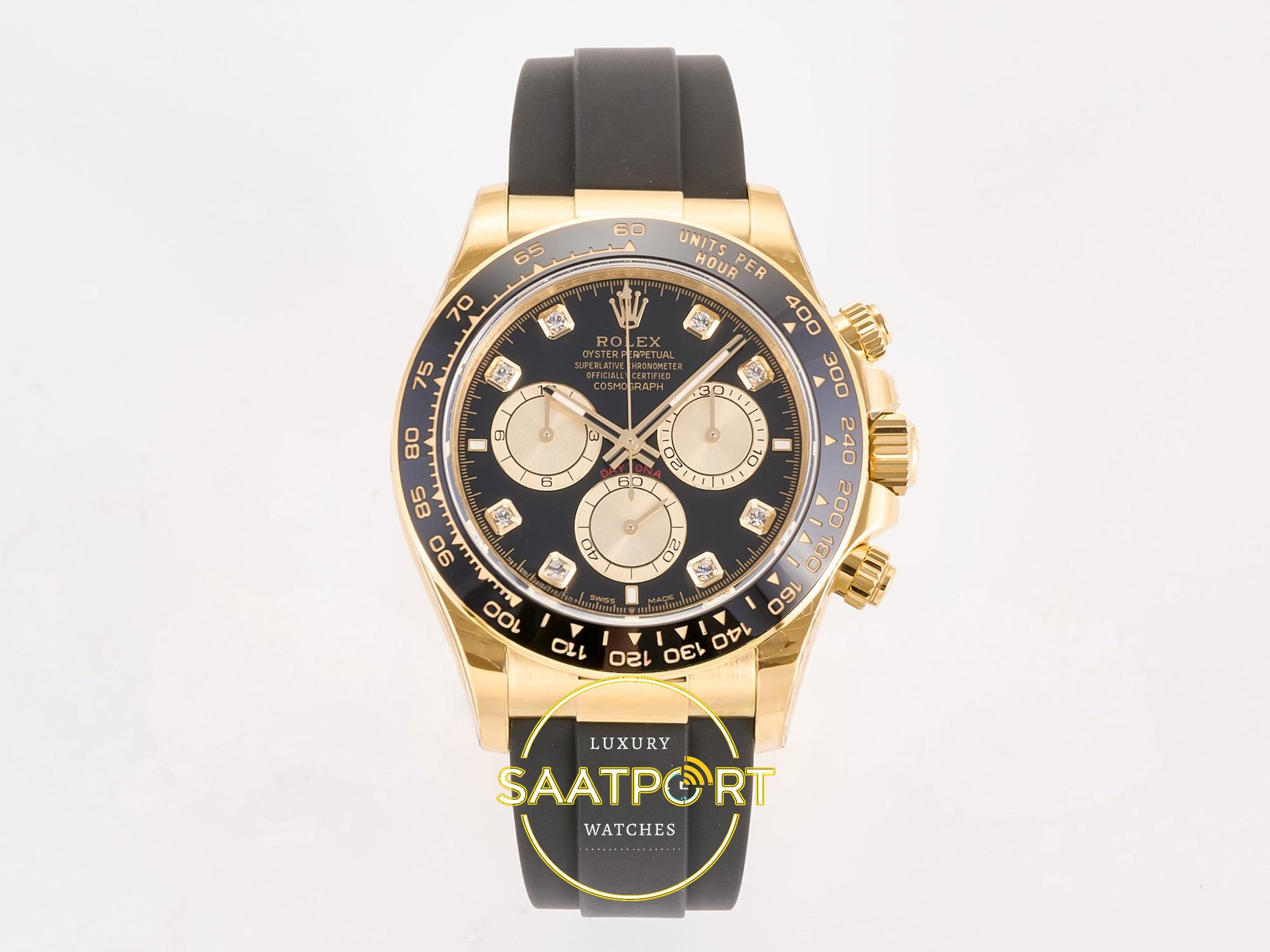 01-102 Rolex Daytona 40mm 126518 Black Yellow Gold Diamonds Oysterflex ARF Factory Eta Saat karşıdan görünüm