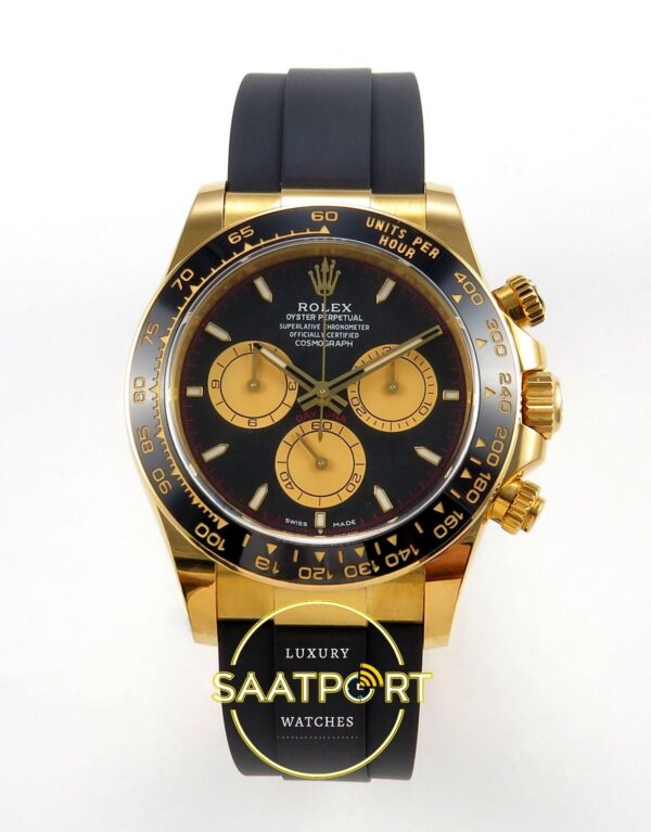 Rolex Daytona 40mm 126518 Black Yellow Gold Oysterflex ERF Factory Eta Saat karşıdan görünüm