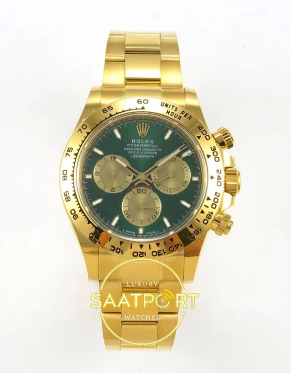 Rolex Daytona 40mm 126508 Green Yellow Gold BTF Factory Eta Saat karşıdan görünüm