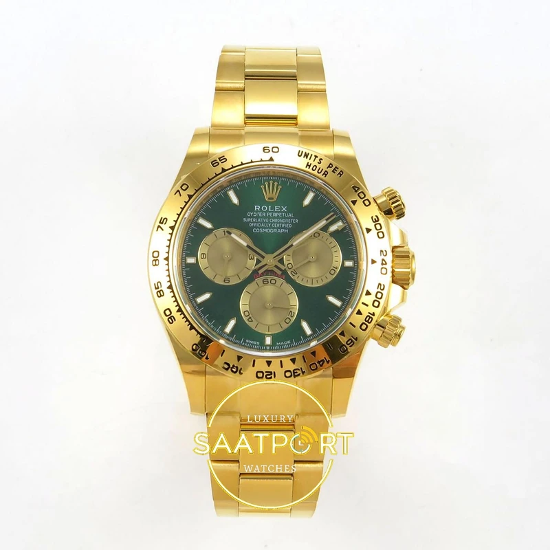 01-104 Rolex Daytona 40mm 126508 Green Yellow Gold BTF Factory Eta Saat karşıdan görünüm